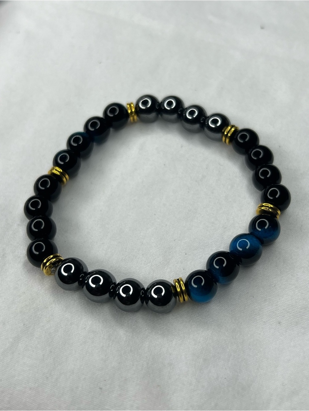 Black zinc and Blue tiger eyes Beaded Stretch Bracelet with Gold Accents